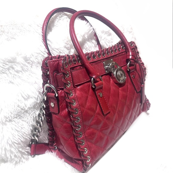 MICHAEL KORS HAMILTON HIPPIE GROMMET DARK RED QUILTED LEATHER SATCHEL BAG - Picture 8 of 14